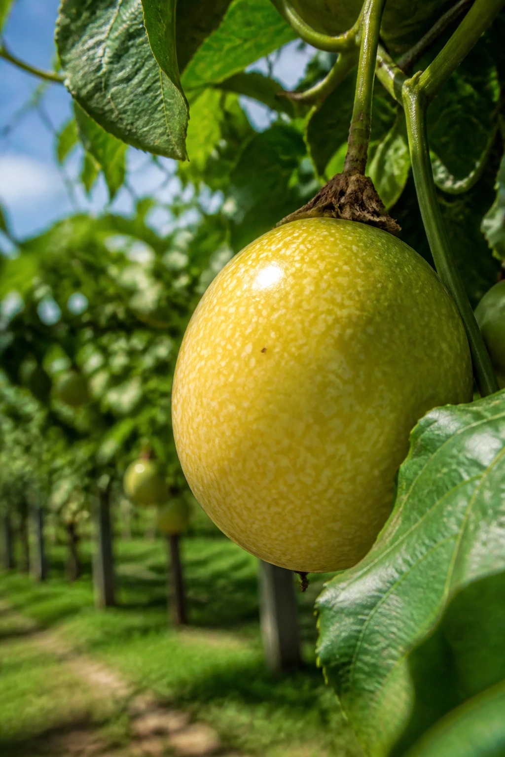 Close-up of passion fruit on a vine in a tropical farming setting.