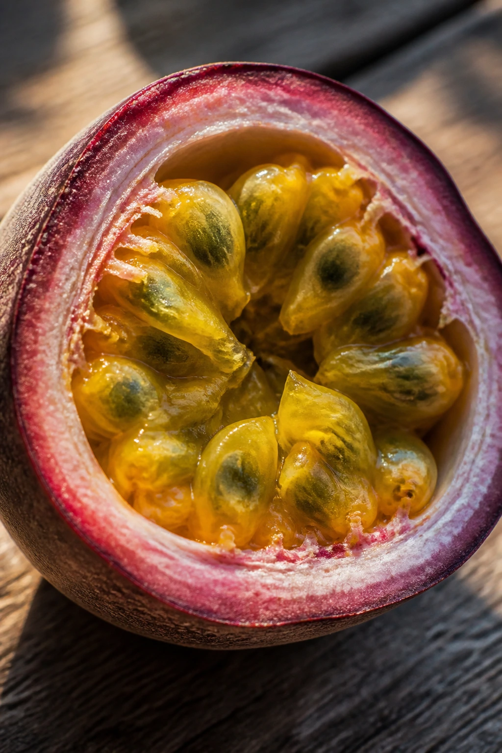 Close-up of passion fruit showing texture and seeds