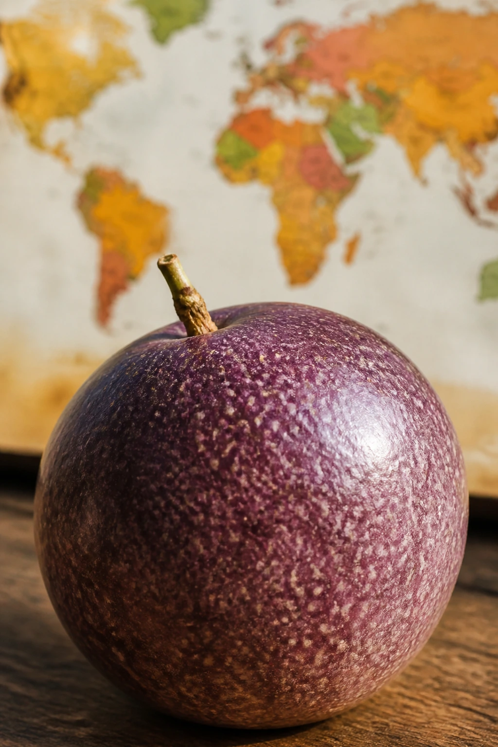 When Are Passion Fruit In Season Around The World? 1 Close-up of a single purple passion fruit with a blurred world map background