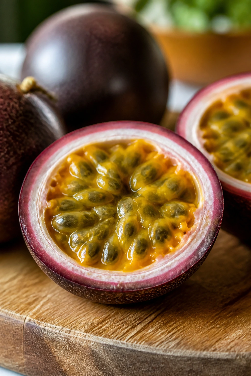 Half-cut passion fruit on cutting board showing pulp and seeds