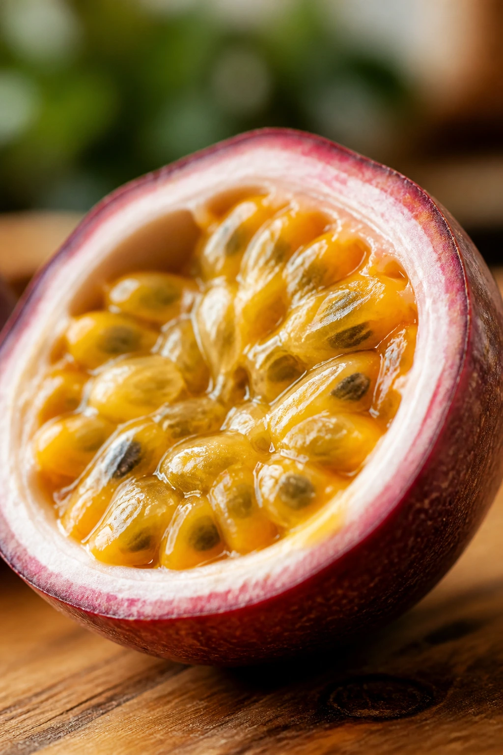 Halved passion fruit on kitchen counter showing pulp and seeds