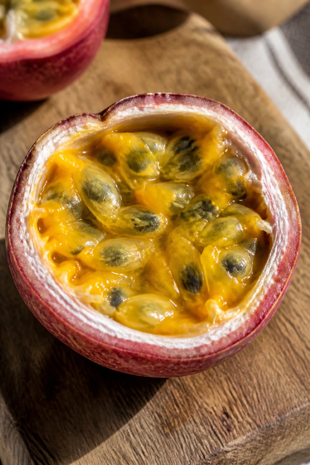 Halved passion fruit with yellow pulp and seeds on wooden board