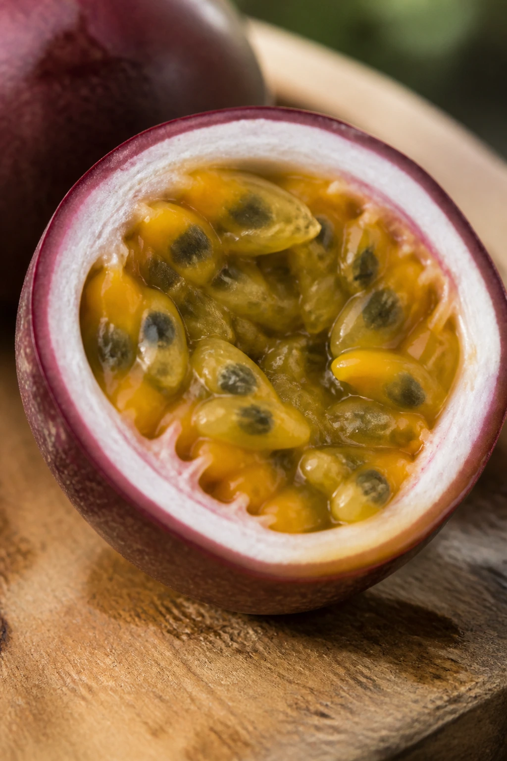 Cross-section of passion fruit showing seeds and pulp on wooden board