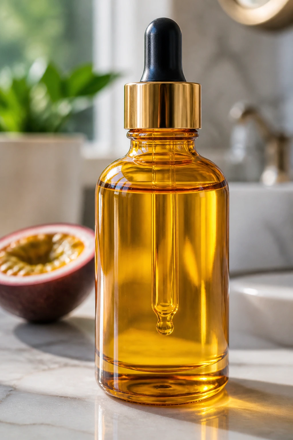 Close-up of a glass amber bottle of passion fruit oil on marble countertop in natural light