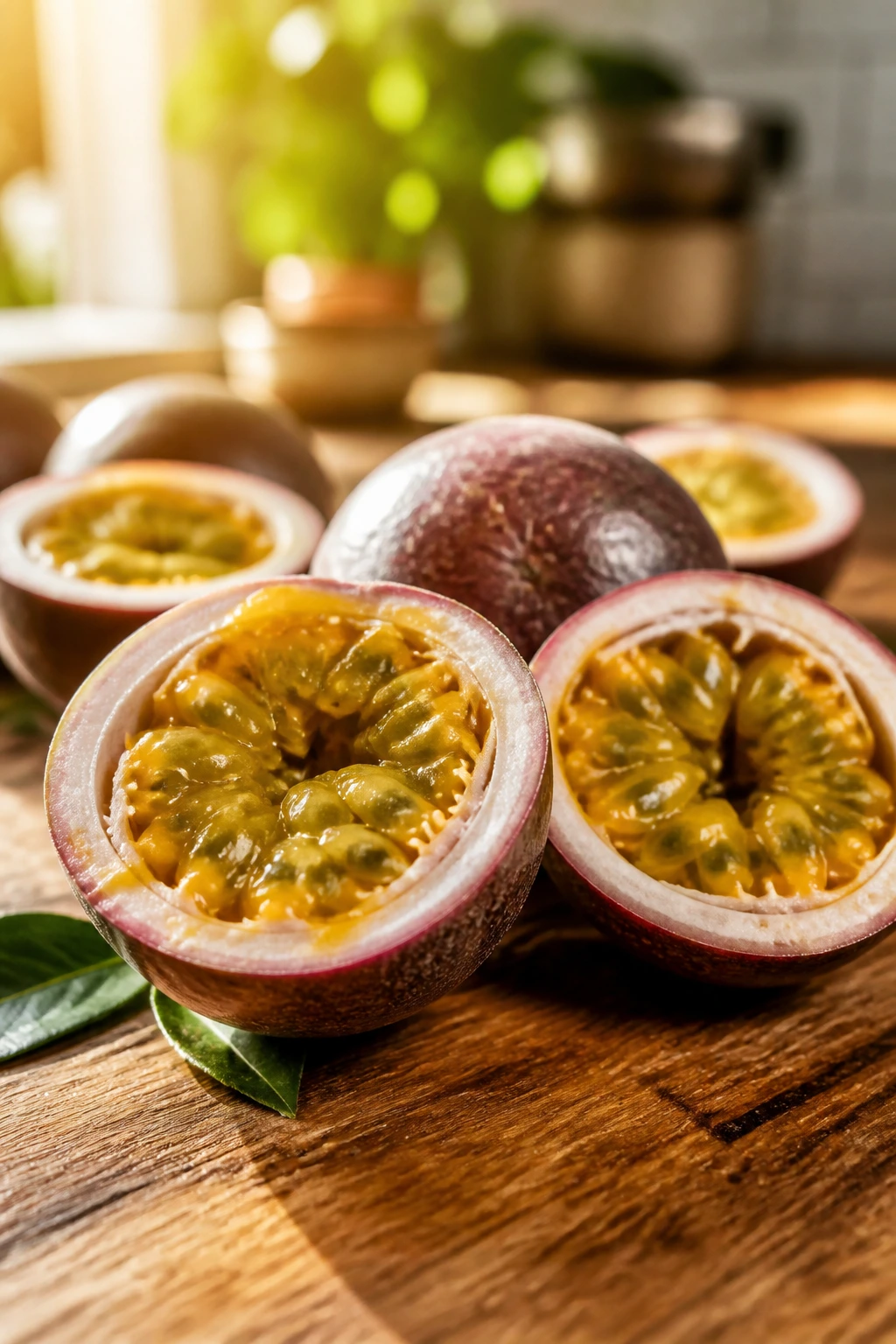 Close-up of ripe passion fruit halves showing bright pulp on a wooden surface