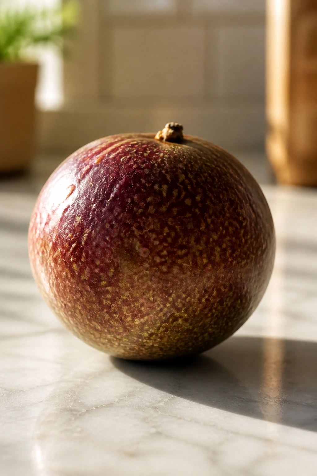 Close-up of a single passion fruit on a kitchen countertop