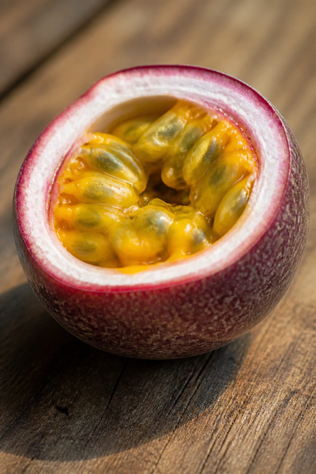 Single passion fruit on wooden table