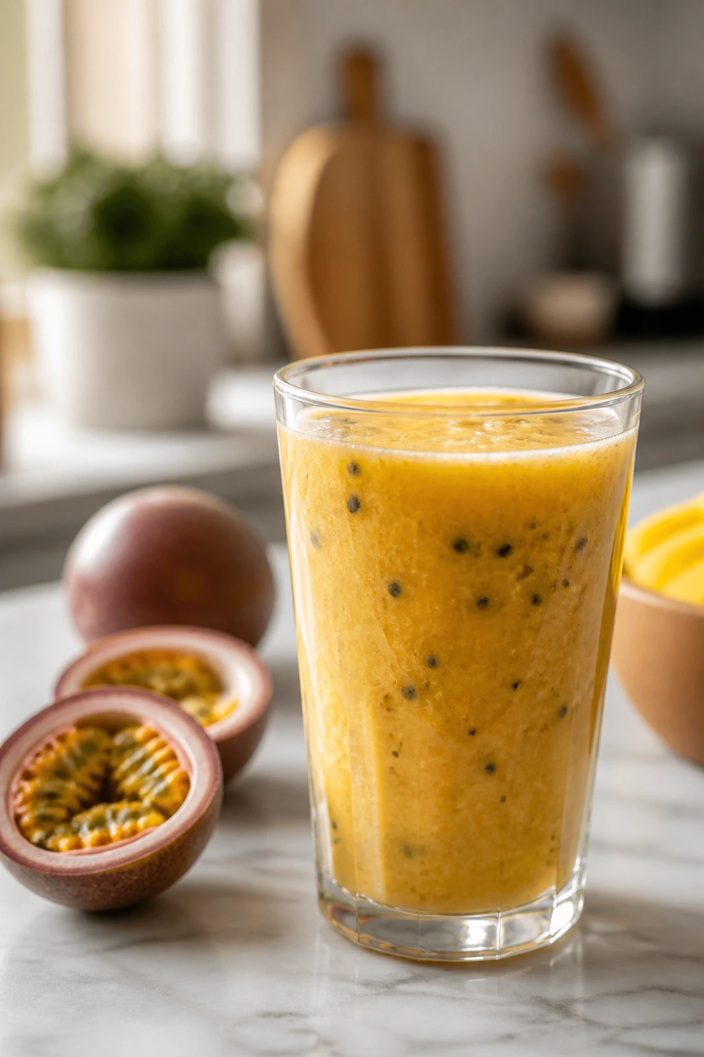 Passion fruit smoothie with seeds in a glass on a kitchen counter