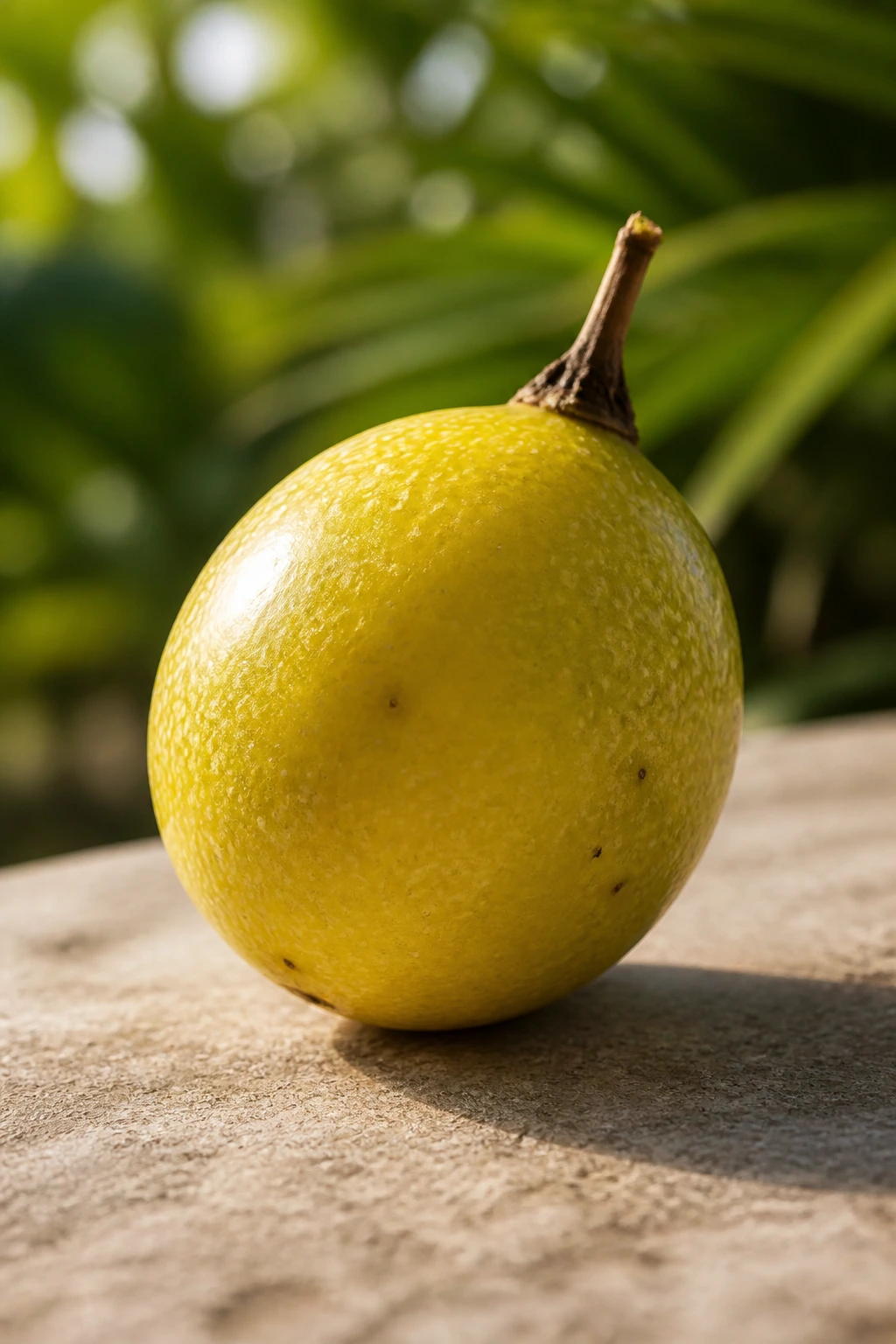 Fresh passion fruit on stone countertop with blurred leaves