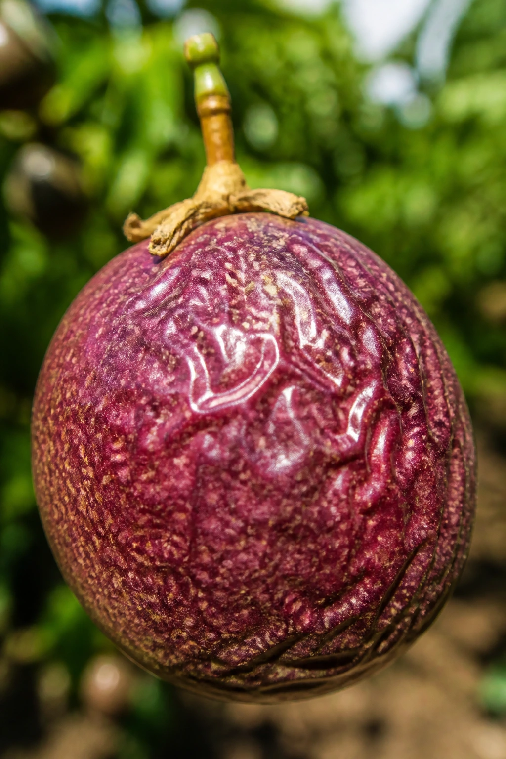 Close-up of a ripe passion fruit on a tropical farm background.