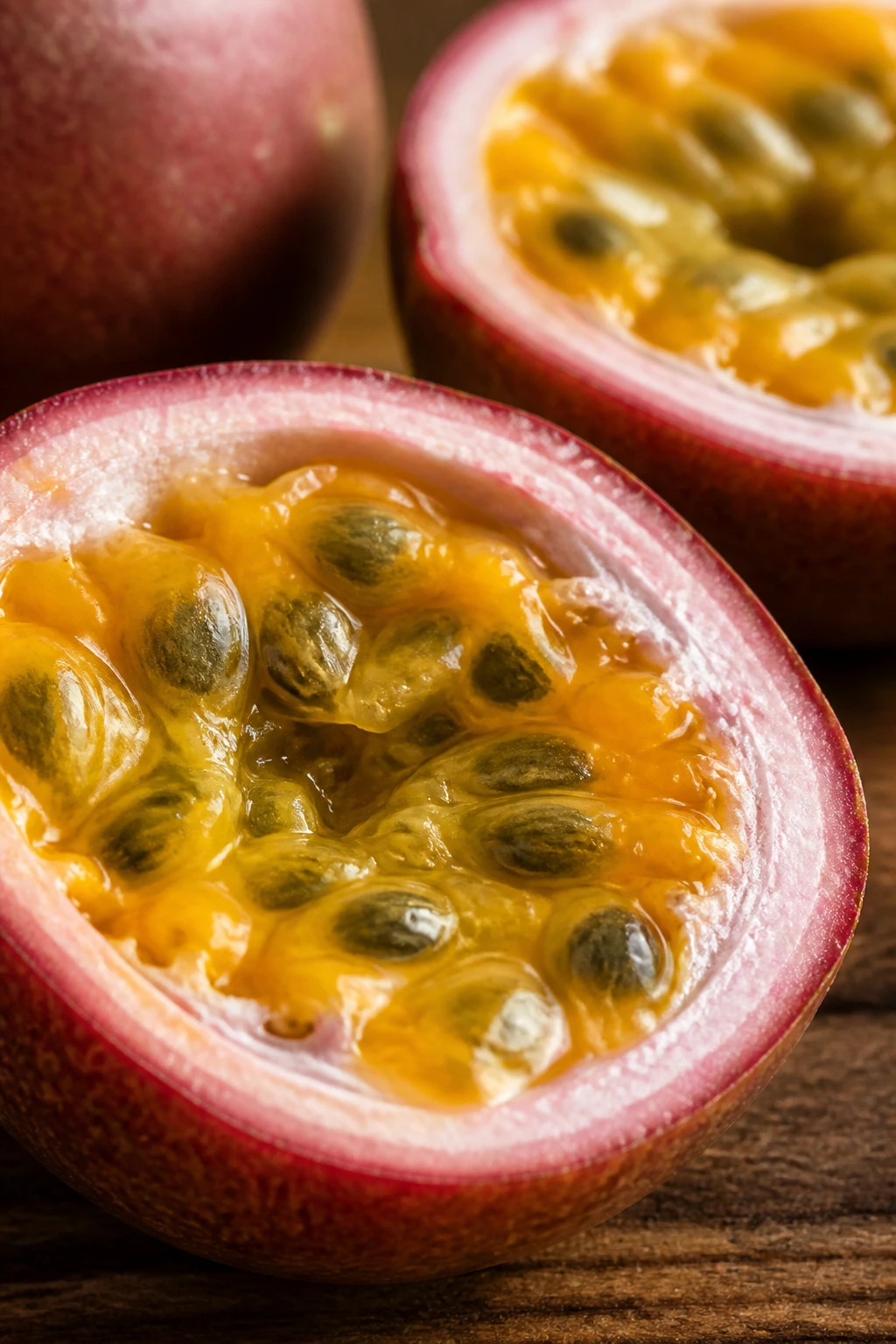 Taste Sensation: Is Passion Fruit Sweet Or Sour? 1 Close-up of passion fruit halves with orange pulp and seeds on a wooden surface