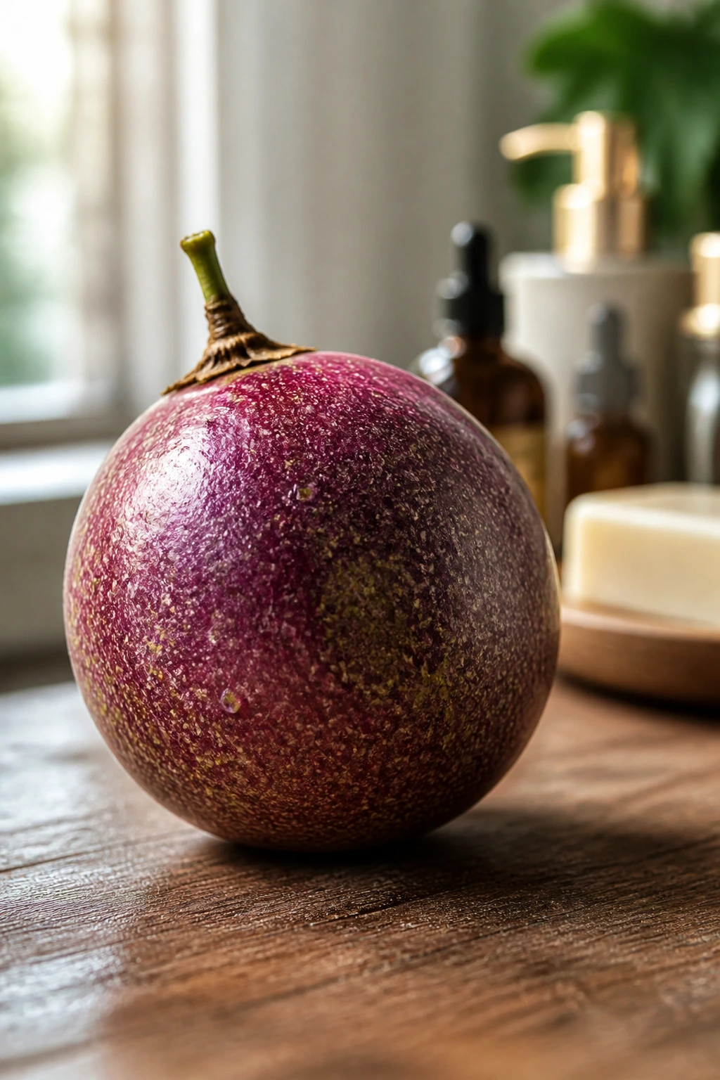 Passion fruit on wood with soft glow and blurred background
