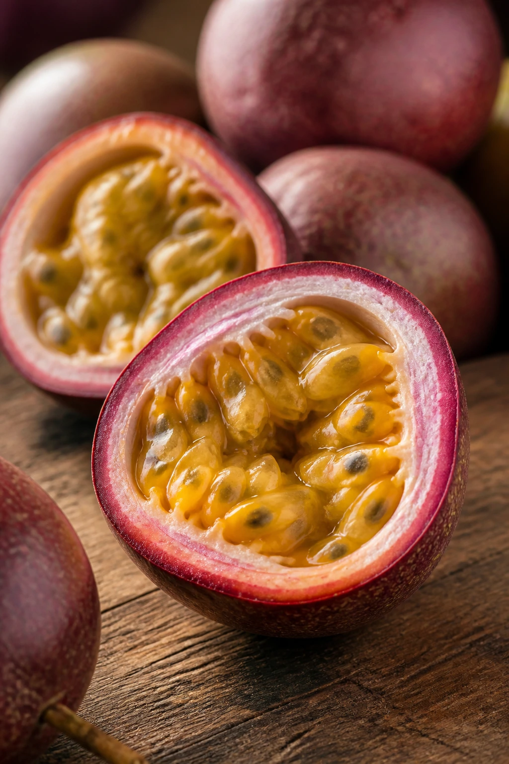 Taste Sensation: Is Passion Fruit Sweet Or Sour? 3 Vibrant passion fruit halves on a rustic kitchen counter