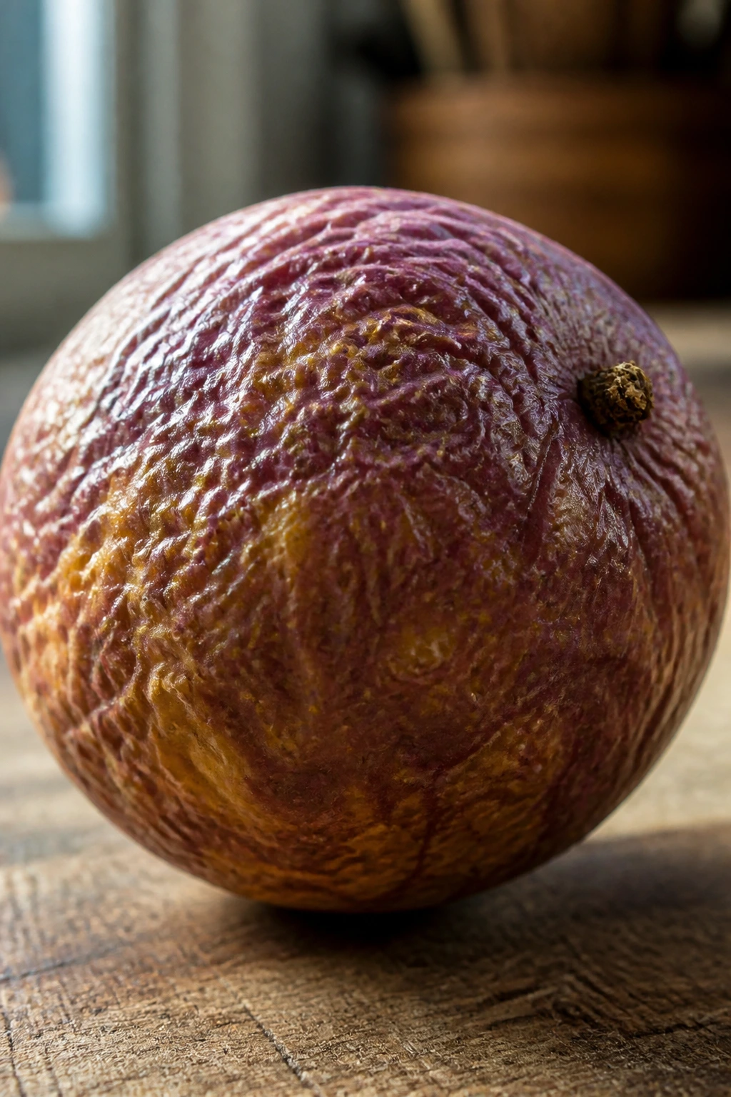 Close-up of wrinkled passion fruit on wooden counter