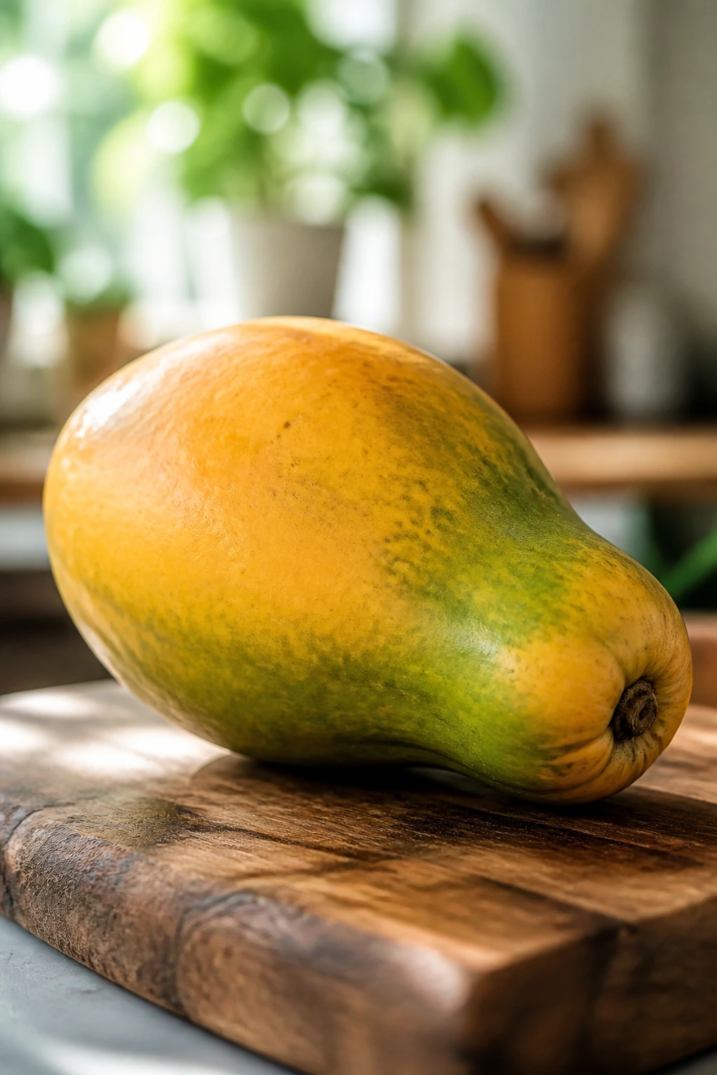 Papaya Vs Pawpaw: A Comprehensive Comparison 11 Close-up of a pawpaw fruit on a rustic kitchen counter