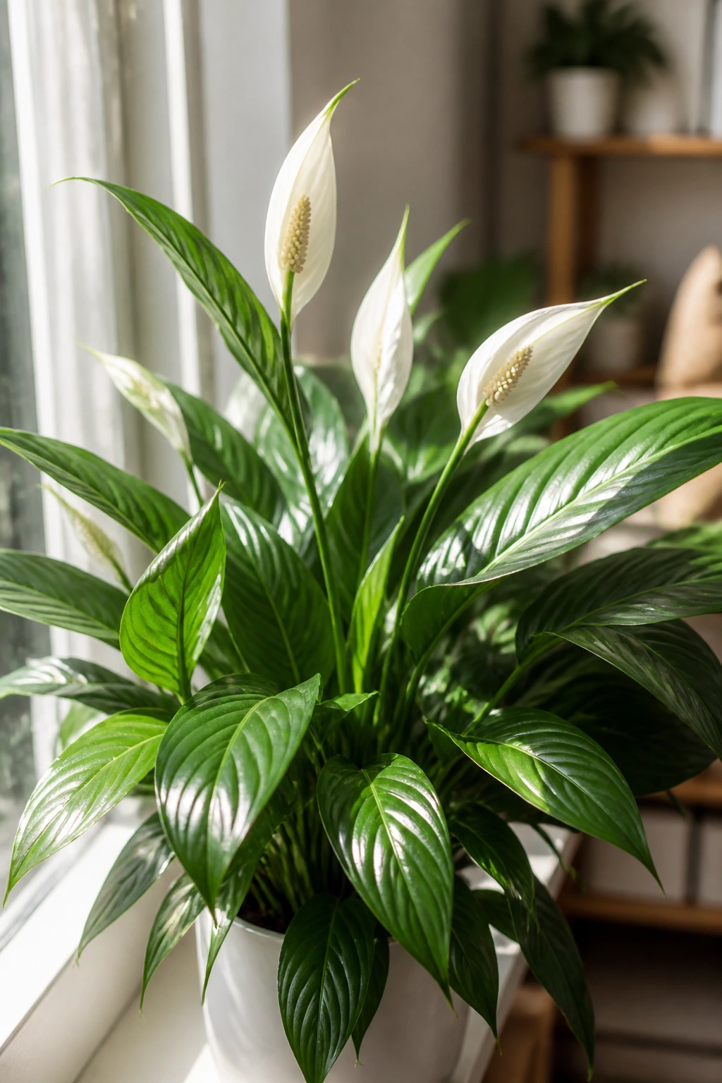 Healthy peace lily thriving in indirect light on windowsill
