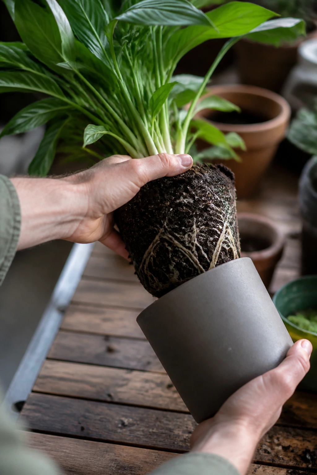 Peace lily root ball exposed as it's removed from the pot, hands carefully lifting