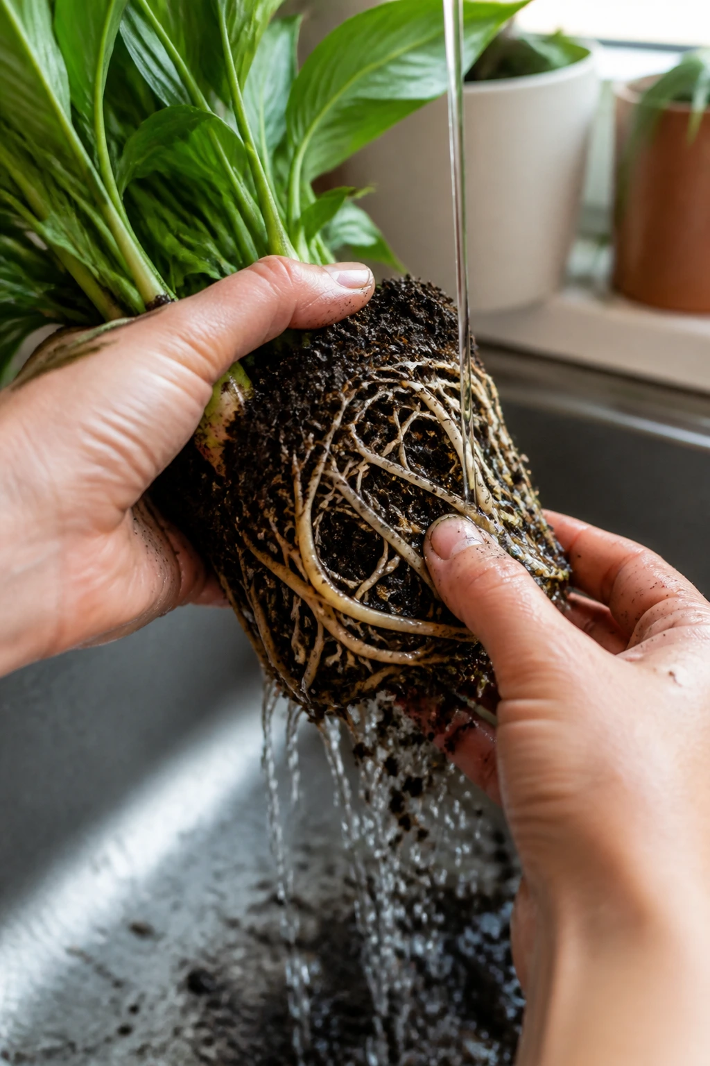 Peace lily roots being cleared of soil under running water, showing root structure