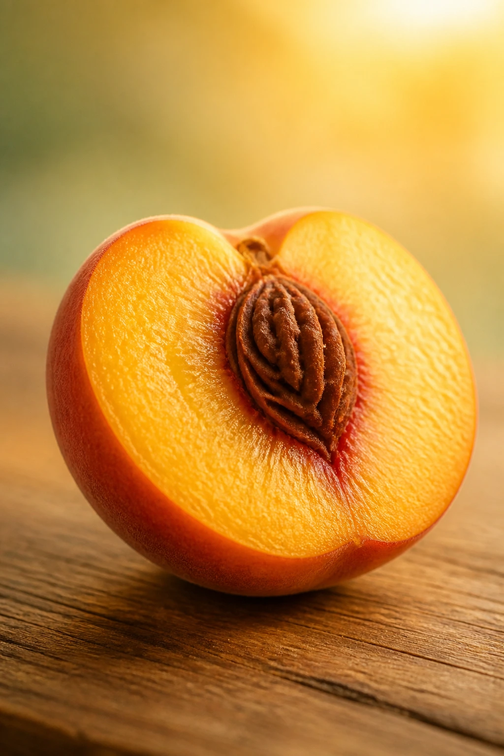 What Is The pH Of Peaches? Are They Acidic Or Alkaline? 5 Peach half on wood with warm gradient background.