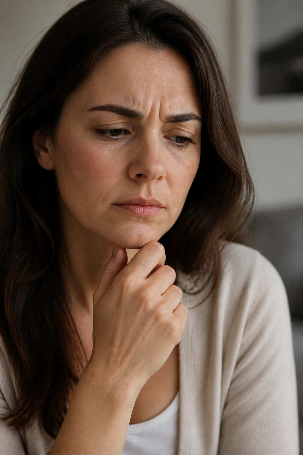 Close-up portrait of a real person showing caution about peach side effects in a home setting