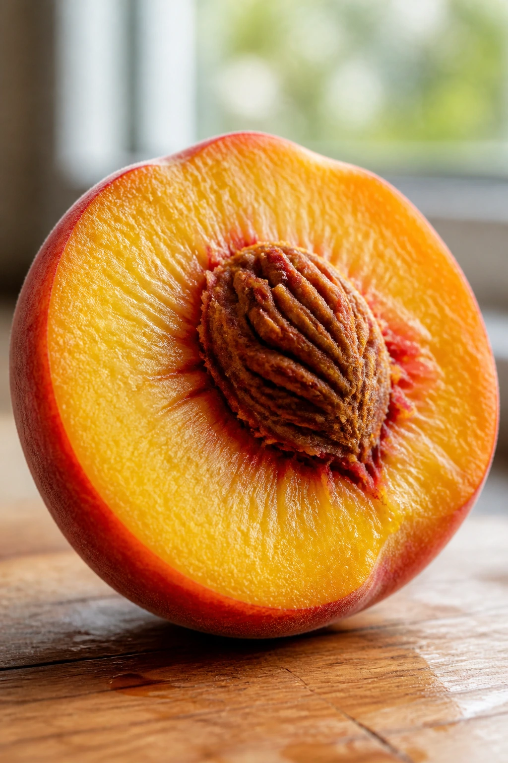 Half peach showing vibrant flesh on wooden surface
