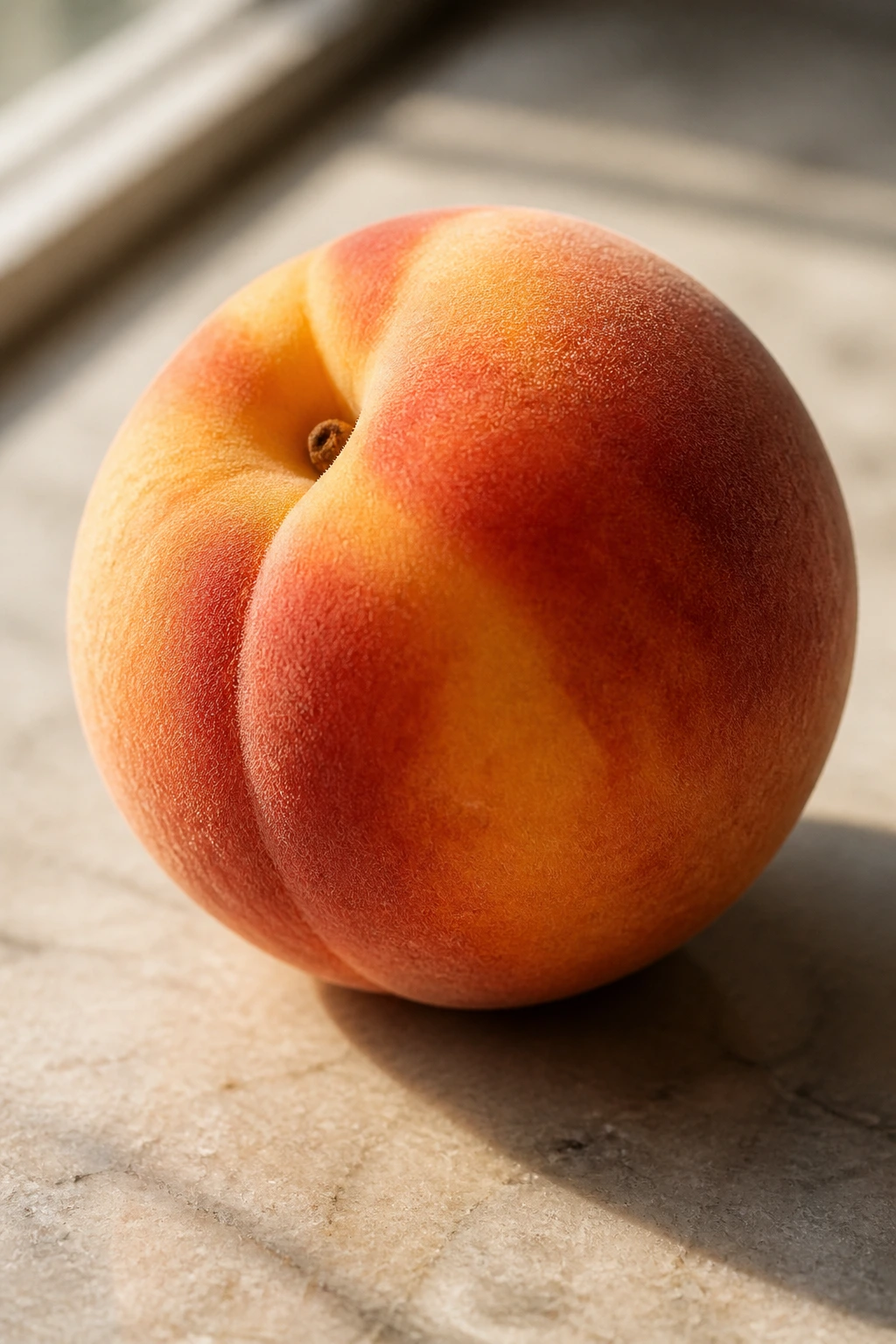 Single peach on stone surface, close-up and detailed.