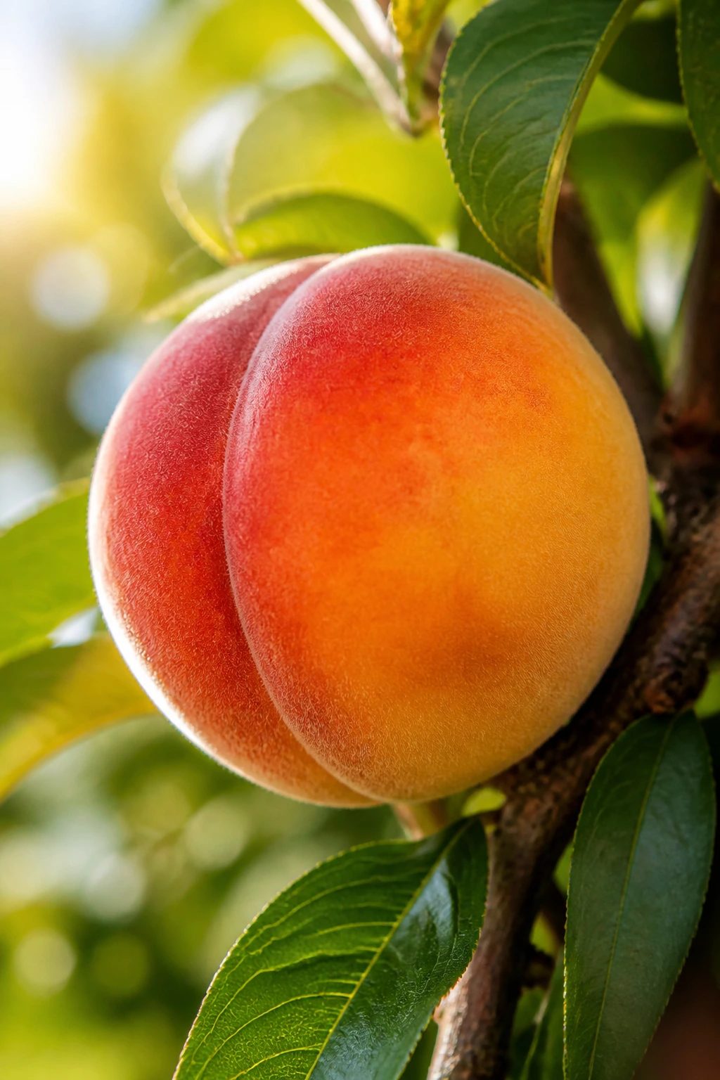 Close-up ripe peach filling frame with warm sunlight.