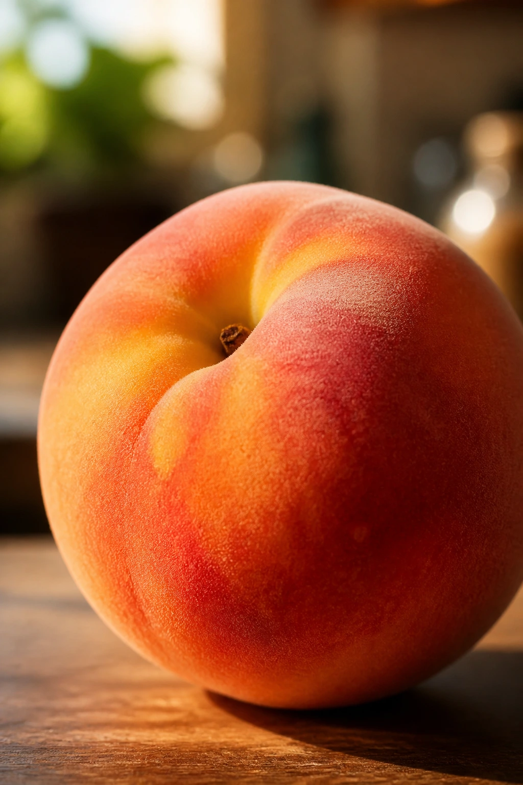 Close-up of a ripe peach on a warm kitchen counter