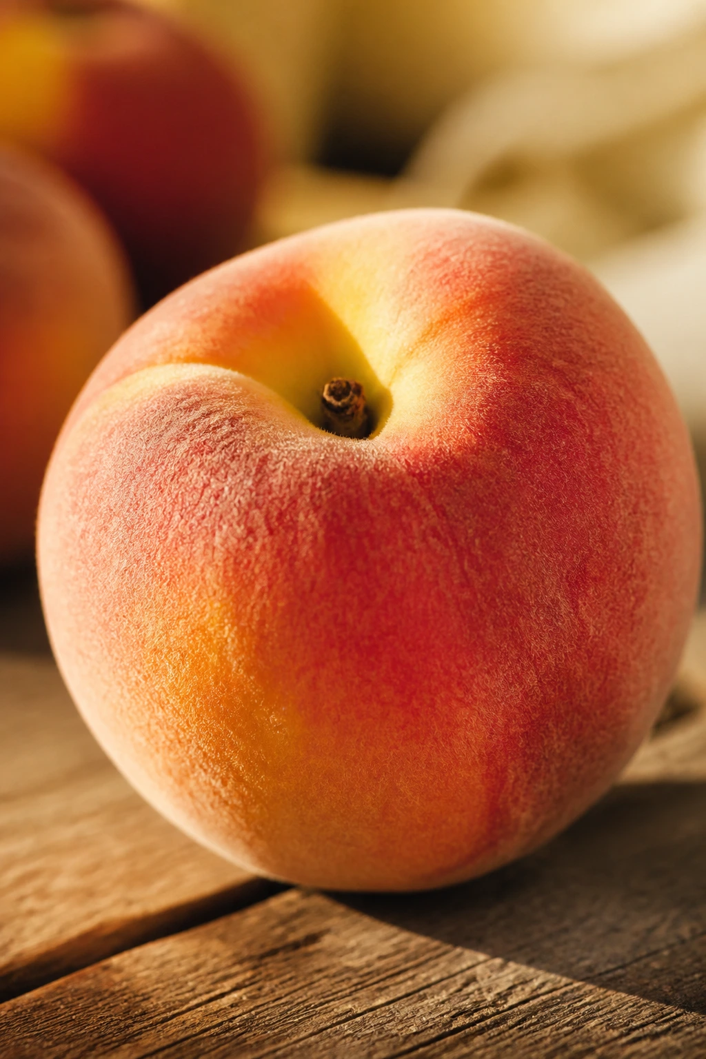 Close-up of a fuzzy peach on a wooden surface