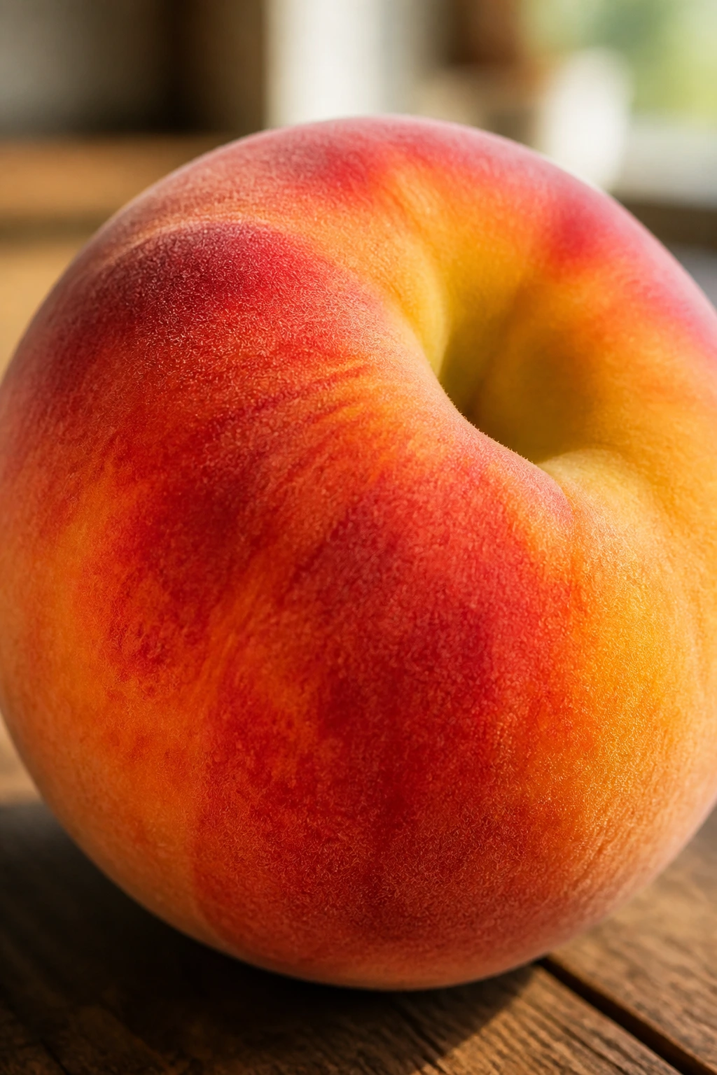 Close-up of a ripe peach with fuzzy skin filling the frame
