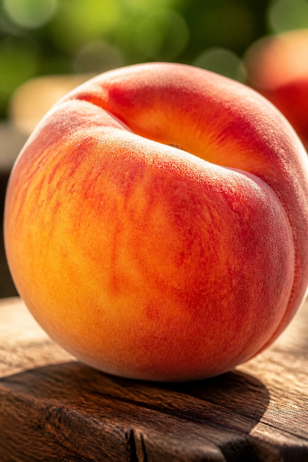 Close-up of a ripe peach on a wooden surface in natural light