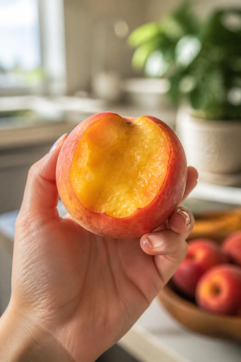Banishing Breakouts: Are Peaches Good For Acne? 10 Hand holding a peach about to bite in a bright kitchen