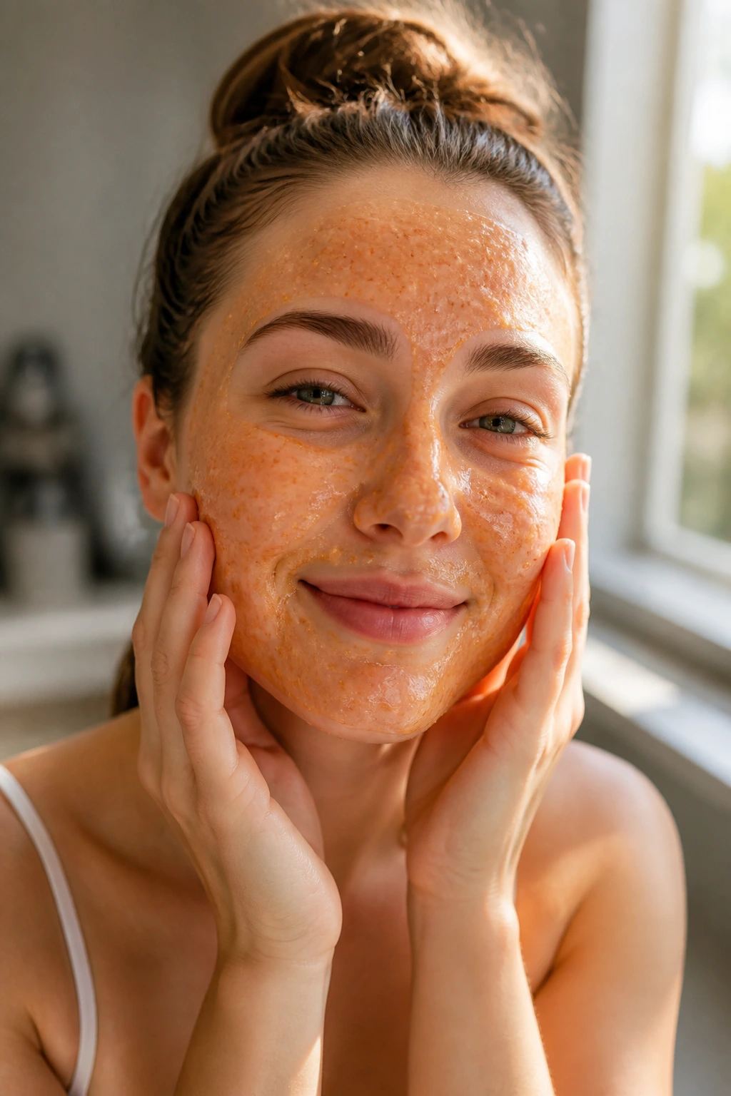 Banishing Breakouts: Are Peaches Good For Acne? 8 Portrait of a woman wearing a peach-colored face mask