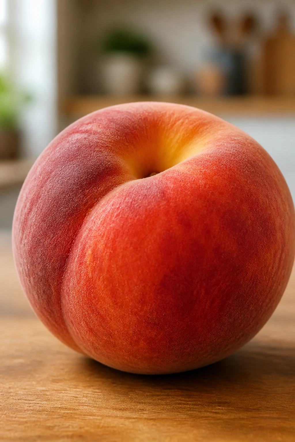 Single peach on wooden surface with natural light