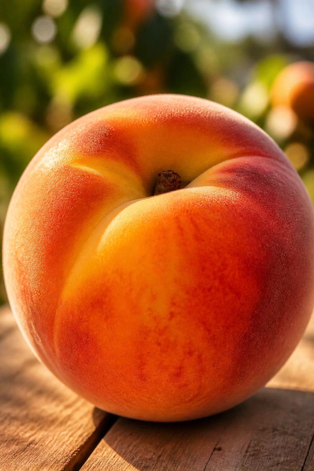 Fruity Horoscopes: What Fruit Represents Your Zodiac Sign? 2 Close-up of a ripe peach on a sunlit wooden table in a garden setting