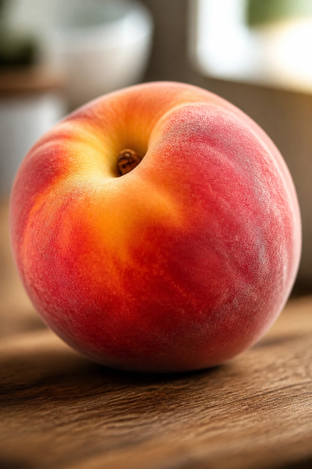 Close-up of a ripe peach dominating the frame in a kitchen setting