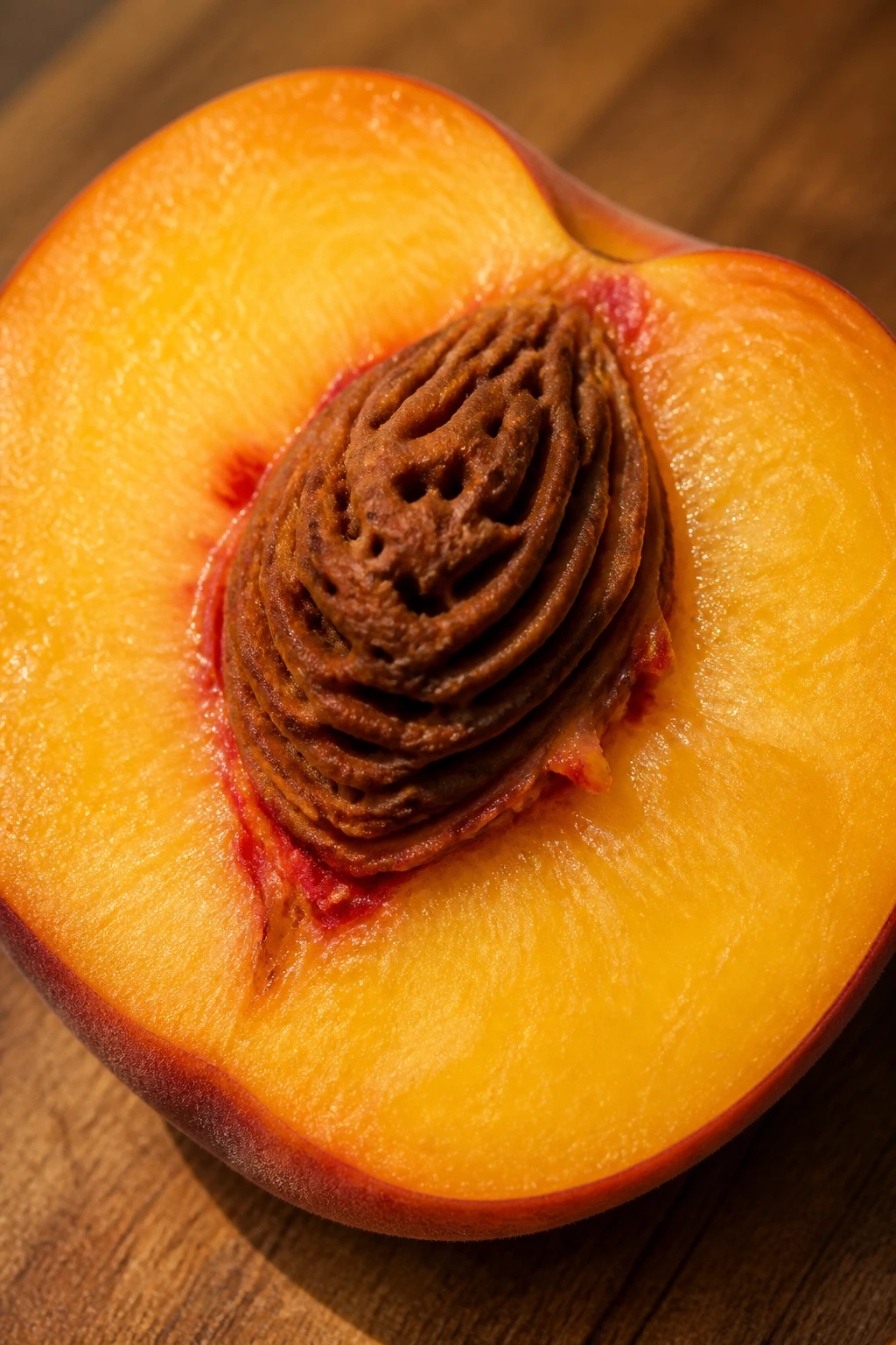 Close-up of a sliced peach half on a wooden surface