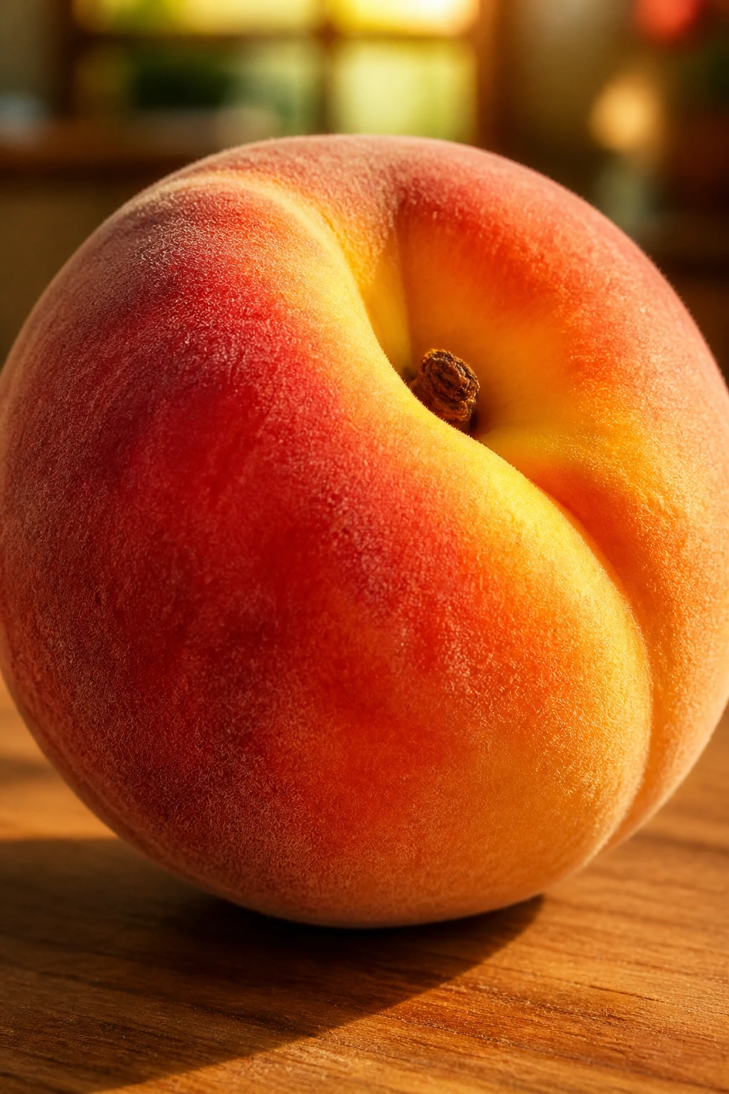 Close-up of a ripe peach highlighting gluten-free nutrition in a kitchen setting
