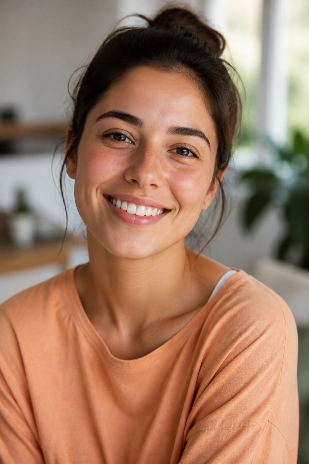 Close-up portrait of a happy person in a bright home interior, representing healthy peaches and positive conclusions
