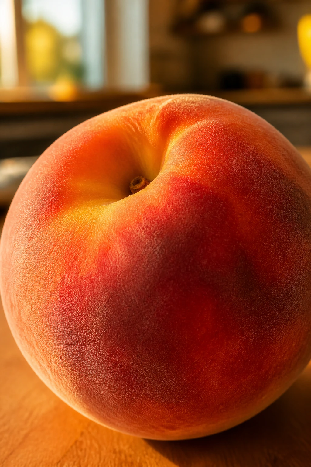 Ripe peach in warm kitchen light