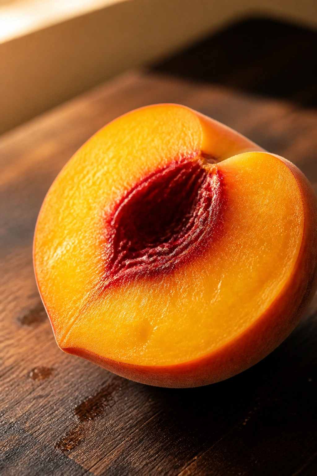 Are Peaches Keto Diet Friendly? All You Need To Know 11 Peach half on cutting board in warm kitchen lighting