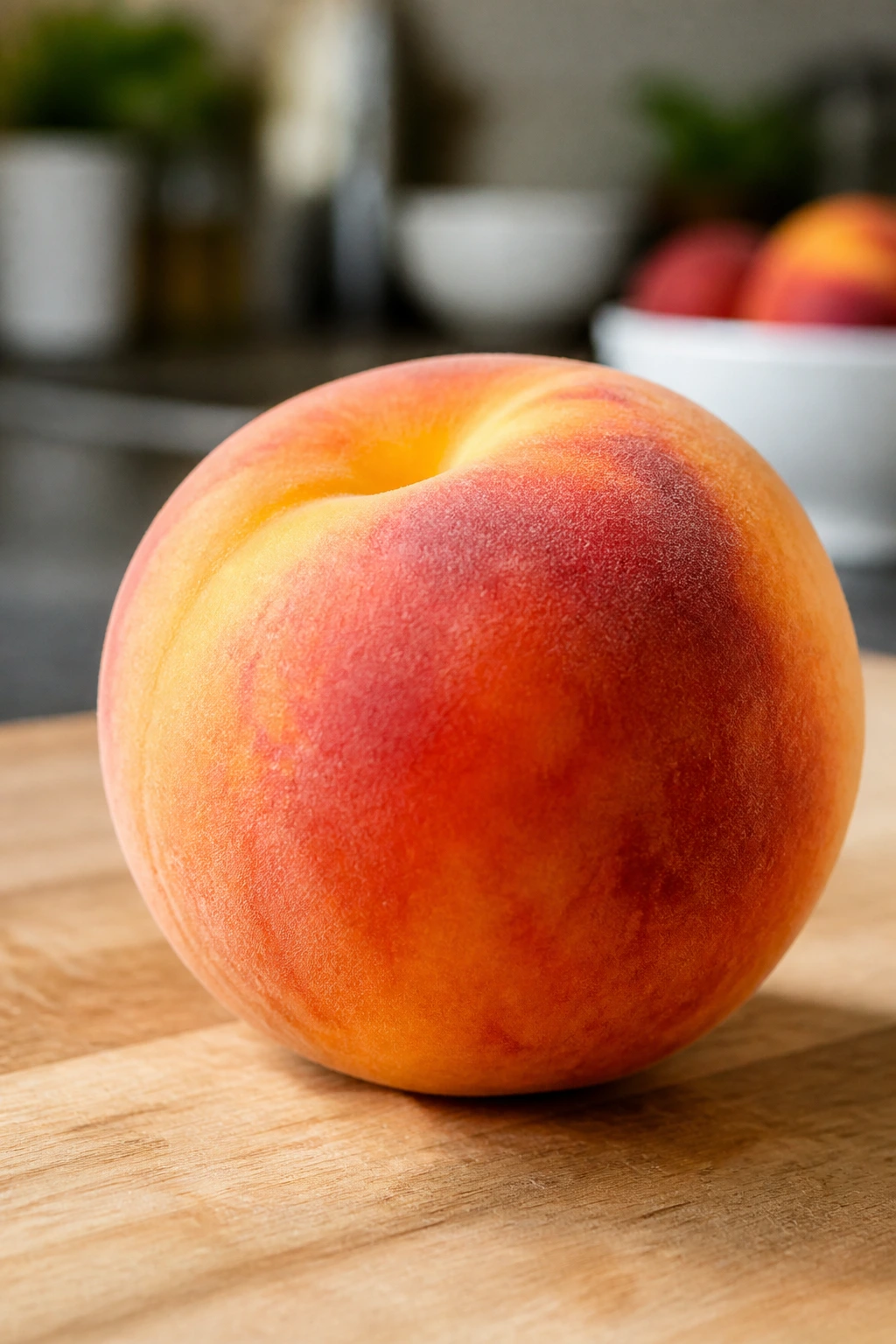 Ripe peach on wooden cutting board with natural light