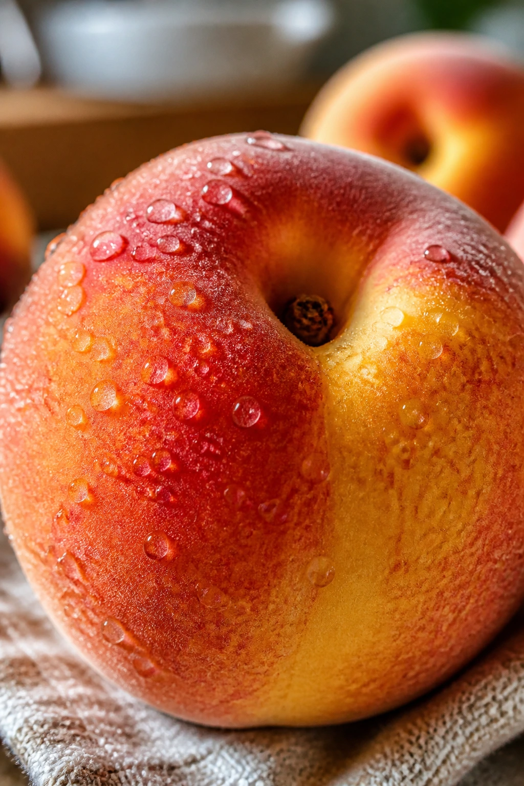 Are Peaches Good For Pregnancy? Yes, All You Need To Know 4 Macro shot of a peach with water droplets on a kitchen counter