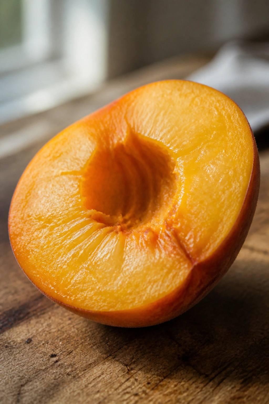 Half peach with bright orange flesh on wooden cutting board in natural light.