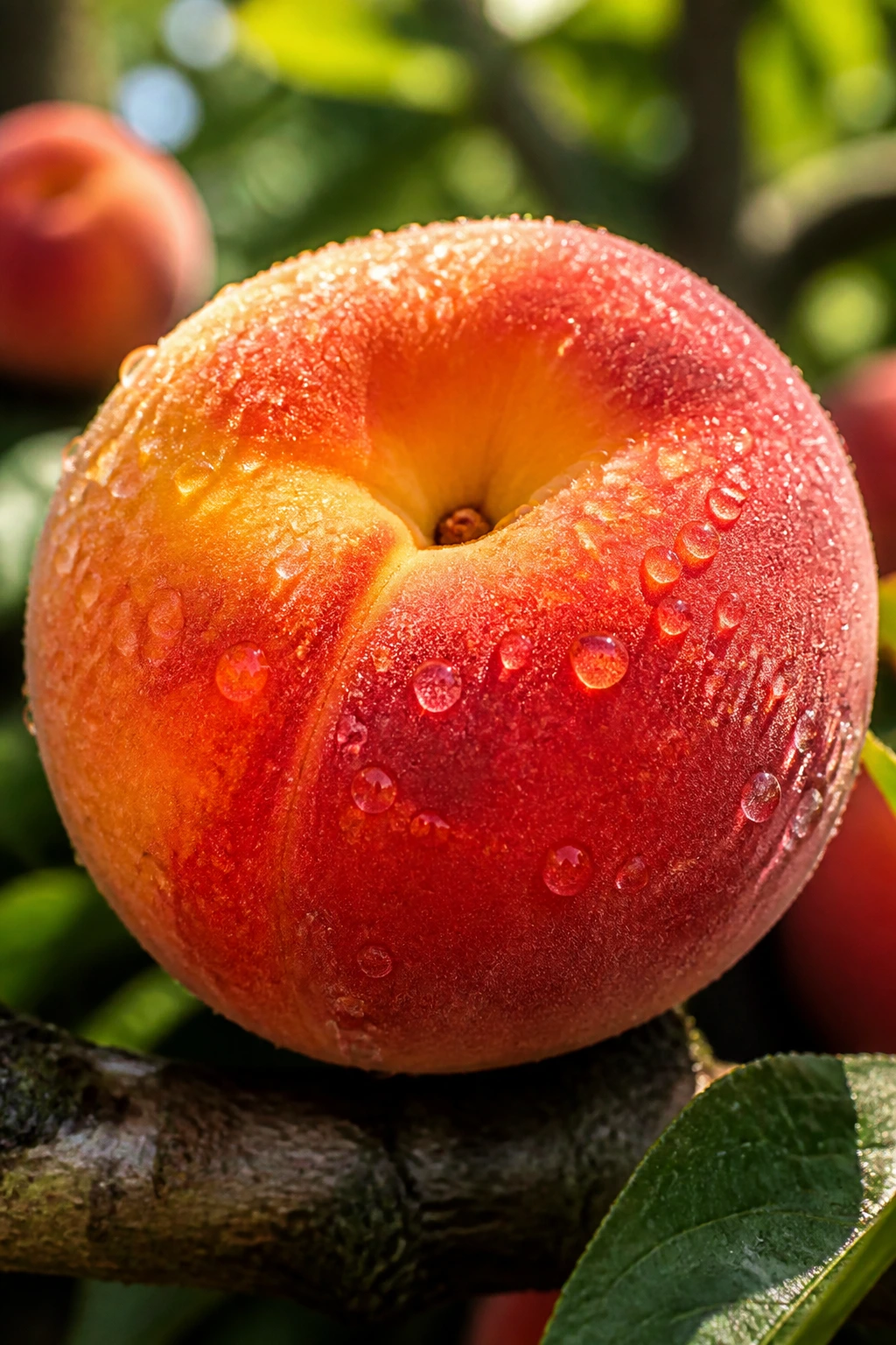 Juicy peach with dew on its skin in soft outdoor light