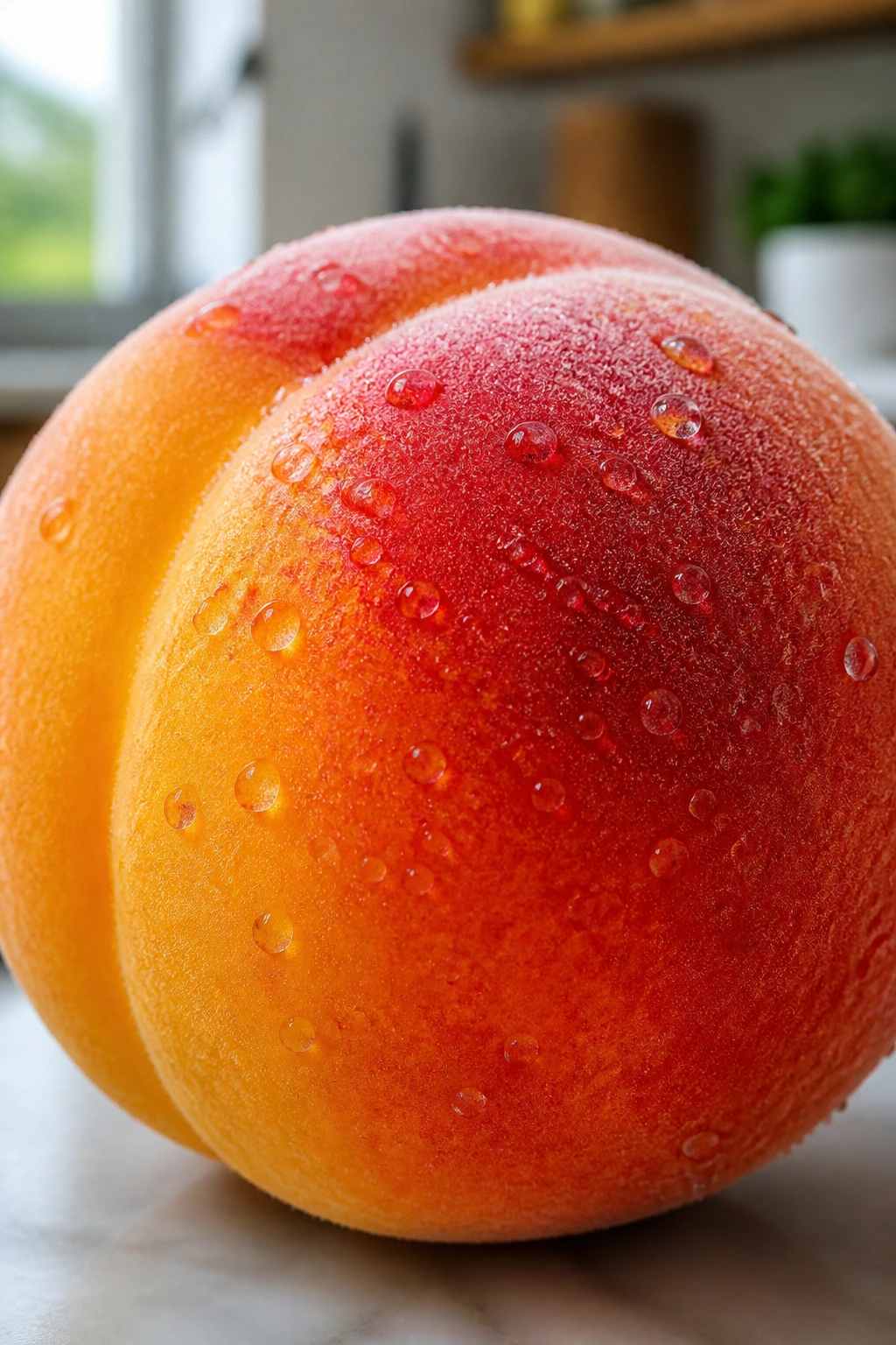 Juicy peach with dewy skin in bright kitchen light