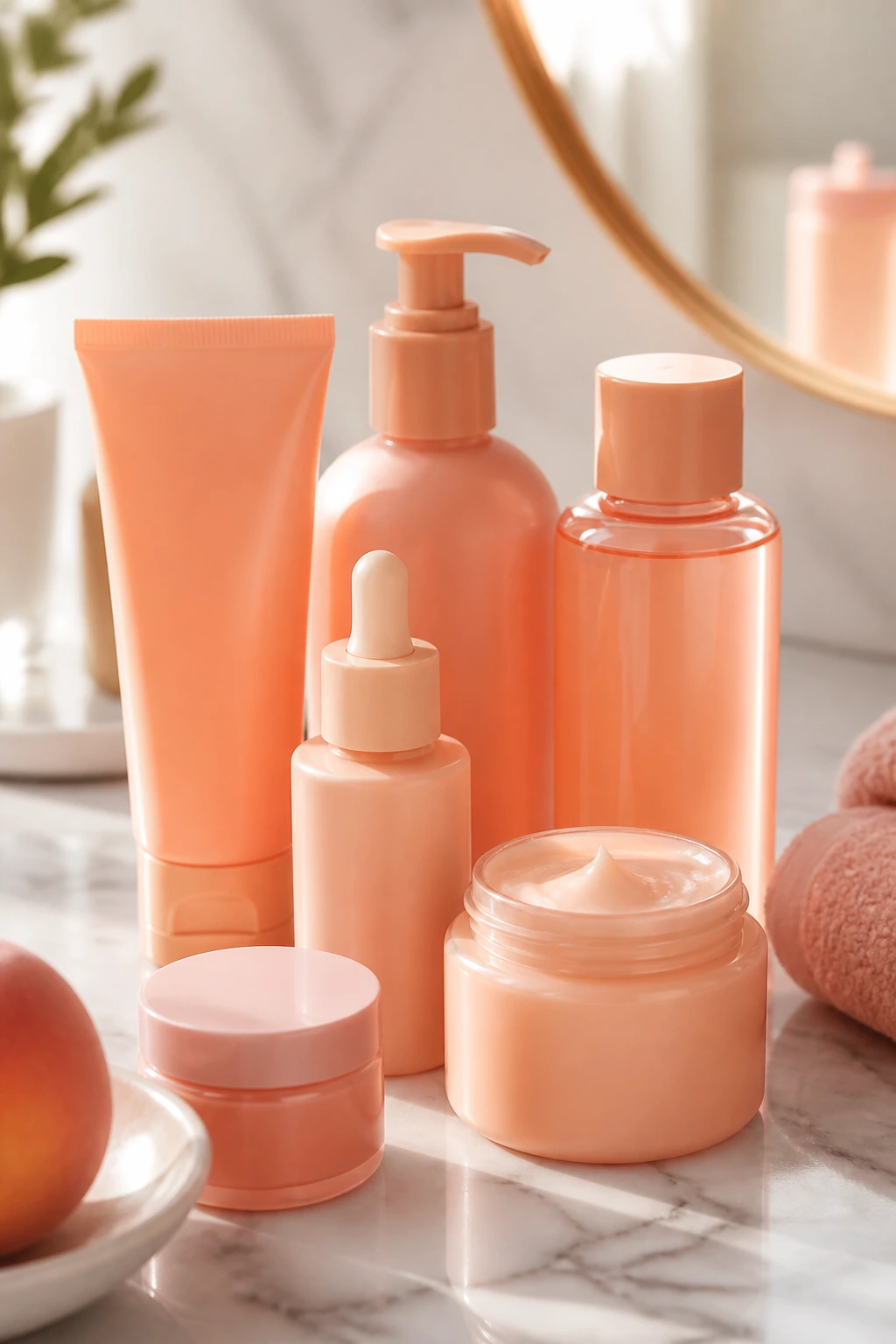 Banishing Breakouts: Are Peaches Good For Acne? 7 Close-up of peach-colored skincare bottles on a marble counter