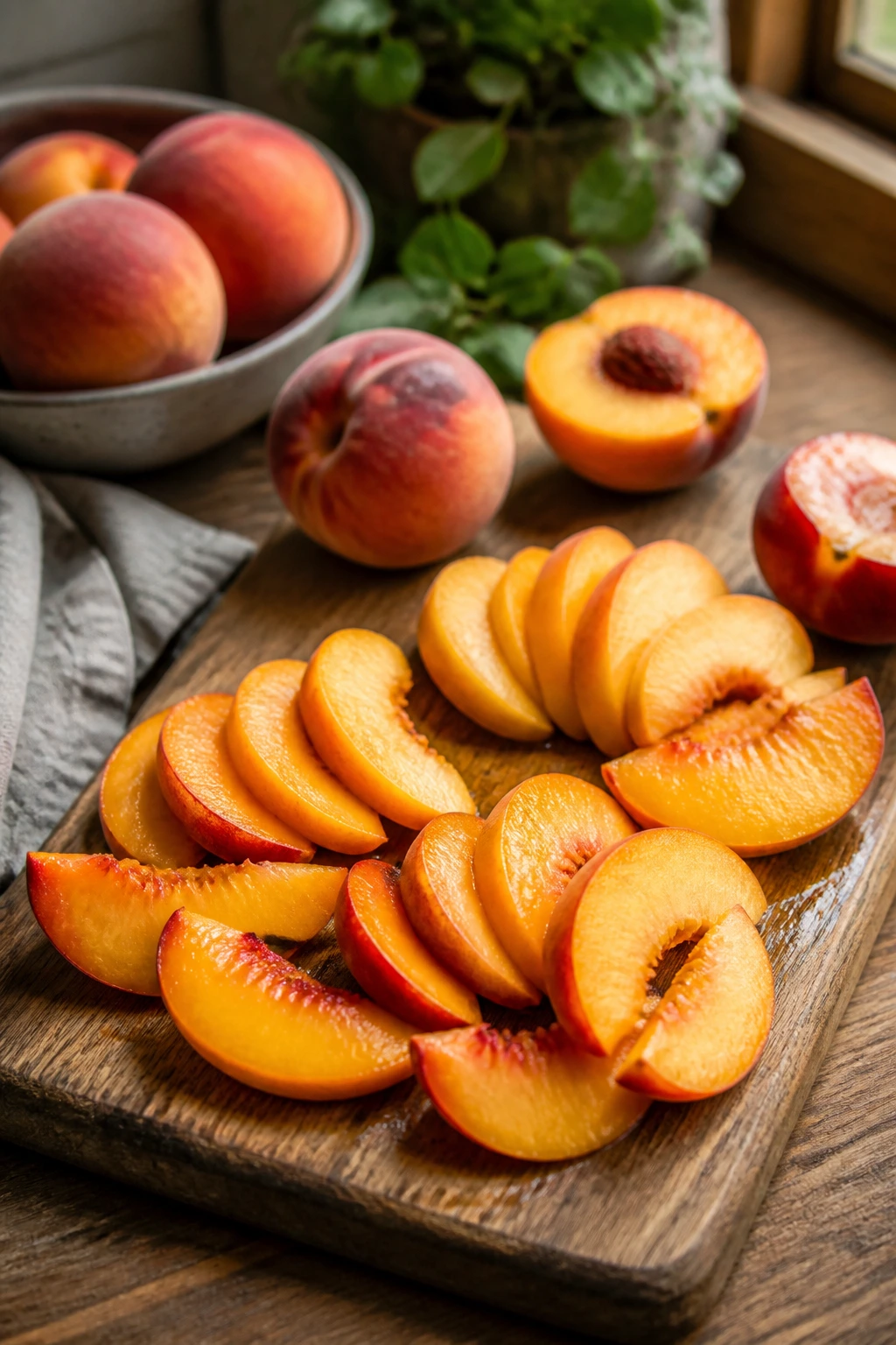 Is A Nectarine A Peach? What's Really The Difference? 6 Sliced peach halves on wooden cutting board