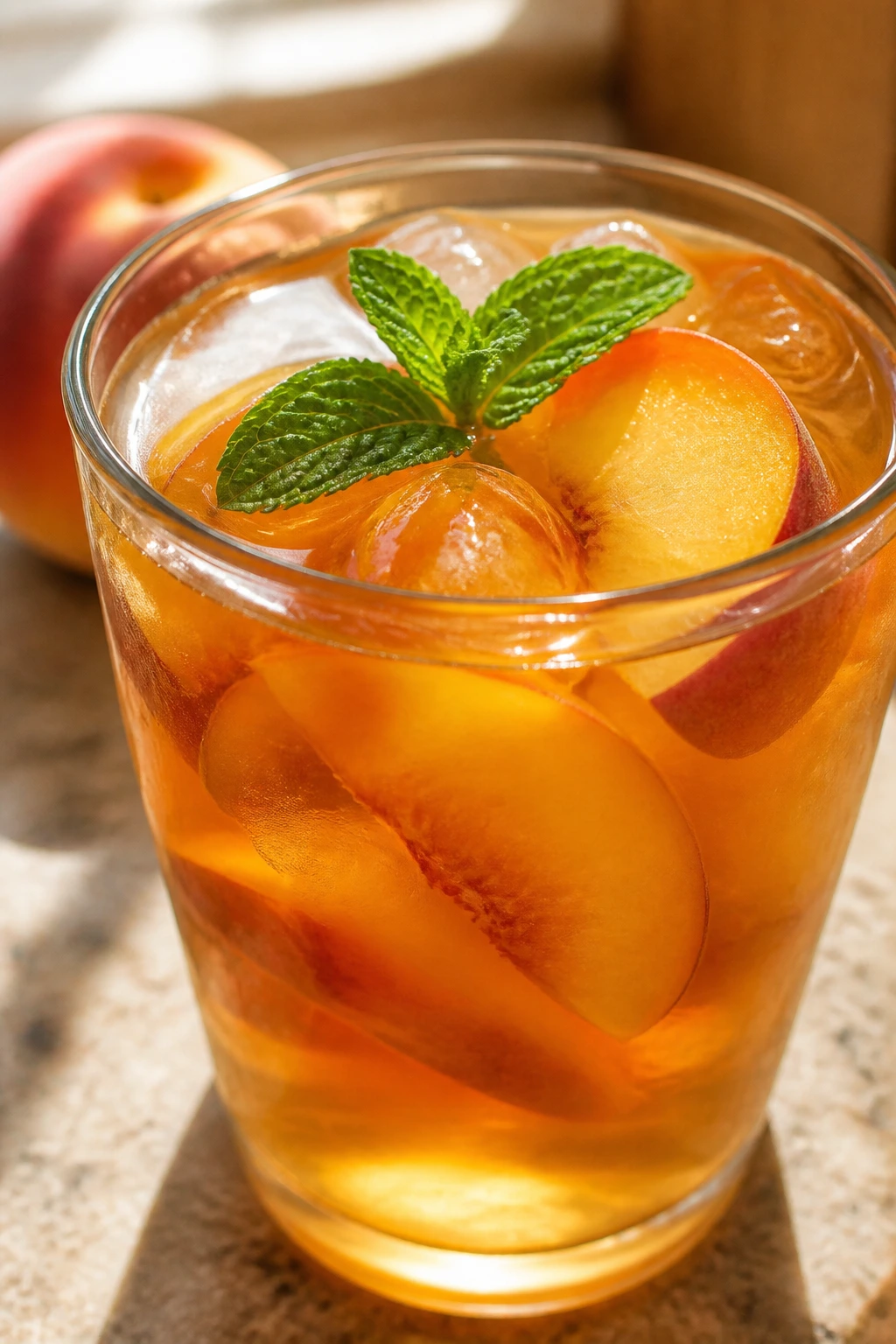12 Amazing Health Benefits Of Peach Tea 1 Close-up of peach tea in a glass with peach slices and mint on a warm kitchen counter