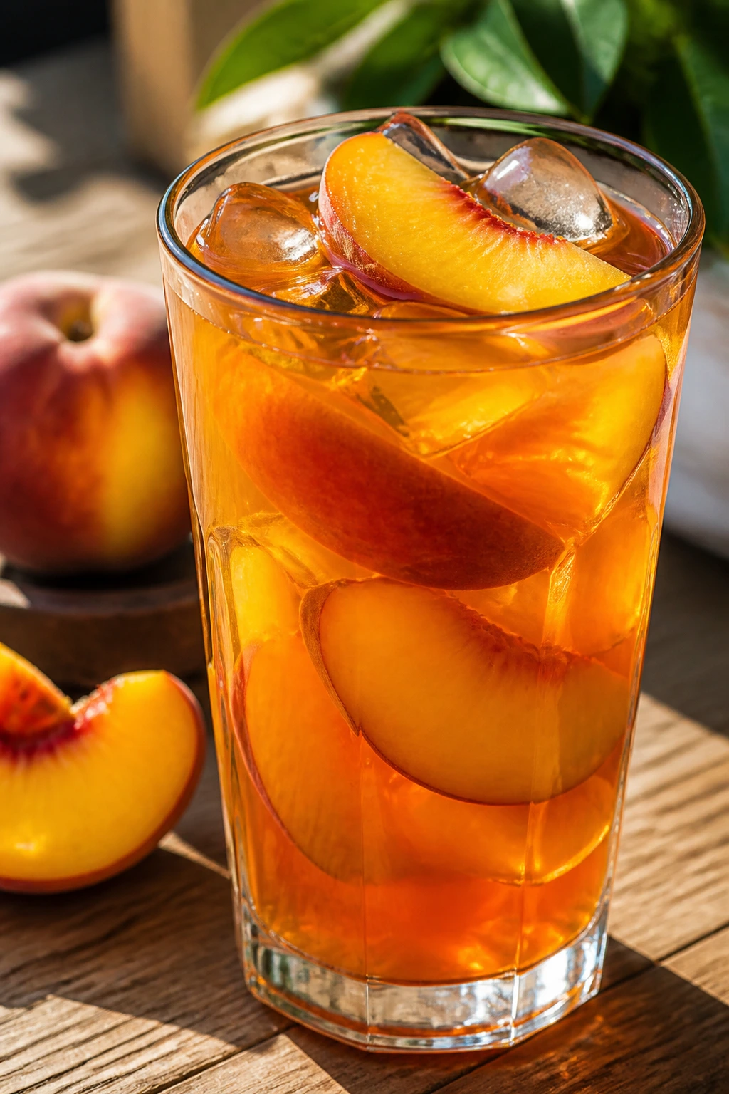 12 Amazing Health Benefits Of Peach Tea 2 Bright close-up of peach tea in a glass on a sunlit wooden table